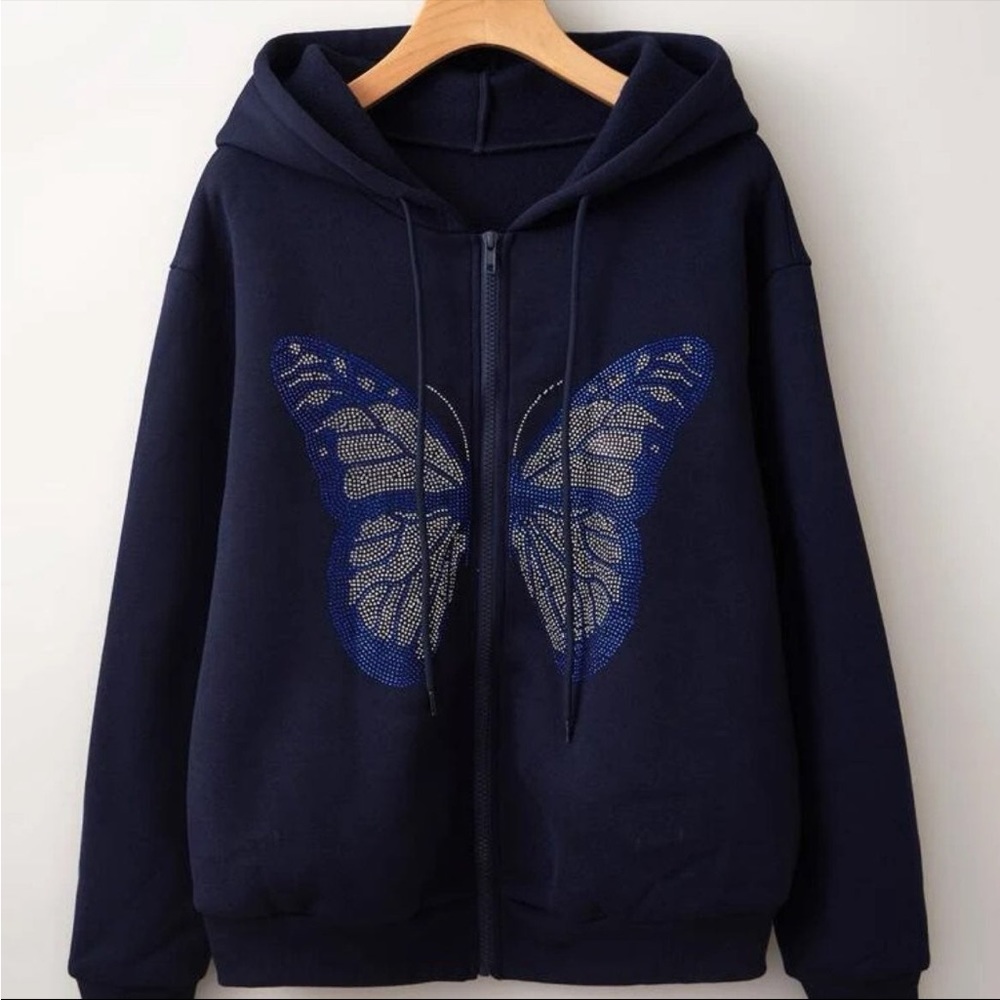 Navy zip up jacket with rhinestoned butterfly
